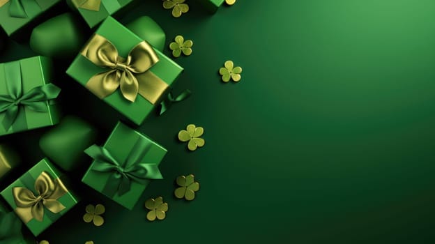 Green and gold gift boxes on green background, top view AI