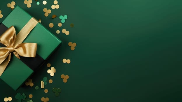 Green and gold gift boxes on green background, top view AI