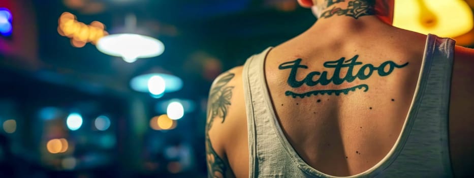 person's shoulder with a tattoo that reads tattoo in cursive script, set against a backdrop of blurred lights and a bar or club atmosphere, evoking a sense of nightlife and personal expression, banner