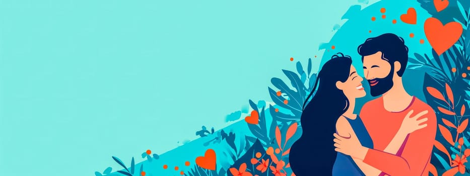 couple in a loving embrace, surrounded by plants and heart shapes against a serene blue background, evoking feelings of joy, love, and companionship, banner with copy space