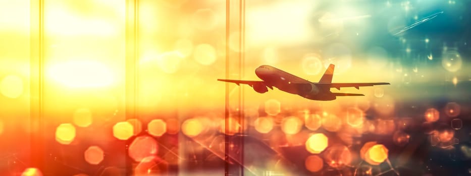 commercial airplane in flight against a glowing sunset with a bright, warm, bokeh light effect, ideal for travel and vacation themes, banner with copy space