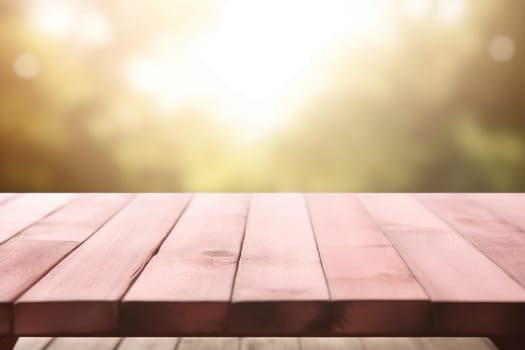 Blurred Nature's Embrace: A Sunny Garden Table, with Wooden Plank and Green Bokeh Background