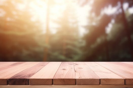 Nature's Embrace: A Rustic Wooden Table in a Sunlit Garden, Showcasing the Beauty of an Empty Top, Surrounded by Greenery and Abstract Bokeh".