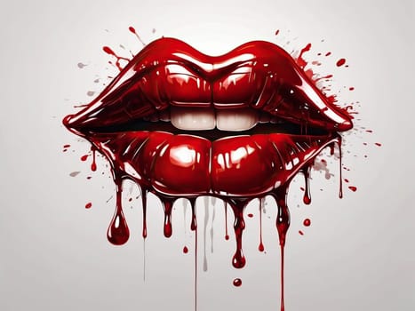 Dark red puckered lips, dripping kiss. AI generated