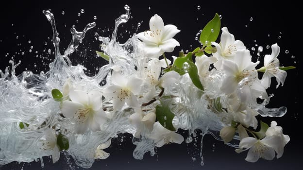 White jasmine flowers, with splashes of water  Generate AI