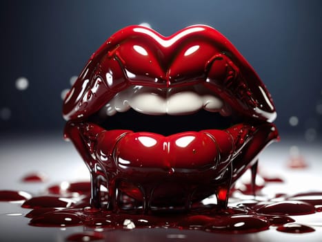 Dark red puckered lips, dripping kiss. AI generated