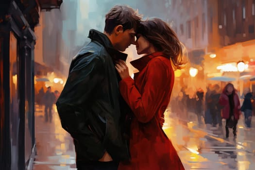 Love and Happiness: Young Couple Embracing in Autumn Cityscape, a Romantic Date in Urban Street