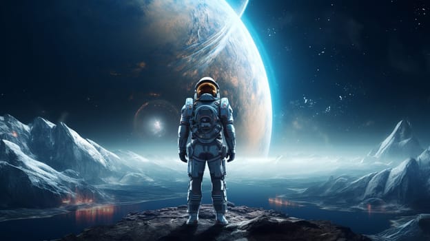  Astronaut Stands on Spaceship, Gazing Toward Distant Earth Wallpaper Generate AI