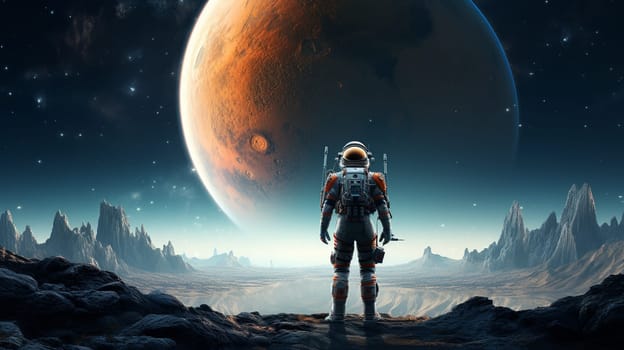  Astronaut Stands on Spaceship, Gazing Toward Distant Earth Wallpaper Generate AI