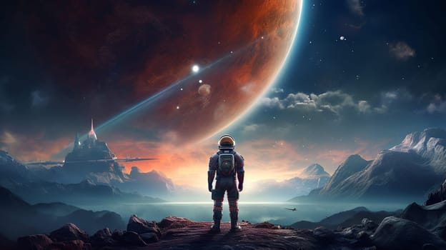  Astronaut Stands on Spaceship, Gazing Toward Distant Earth Wallpaper Generate AI