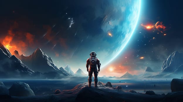  Astronaut Stands on Spaceship, Gazing Toward Distant Earth Wallpaper Generate AI