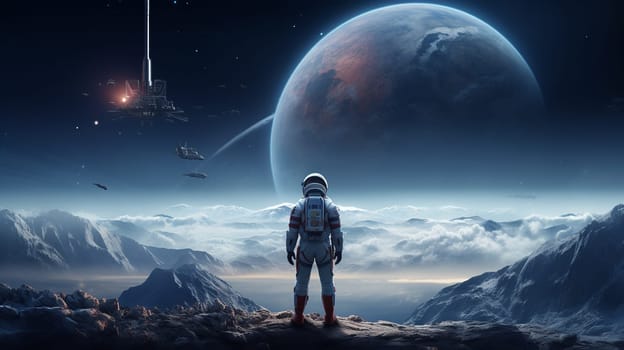  Astronaut Stands on Spaceship, Gazing Toward Distant Earth Wallpaper Generate AI