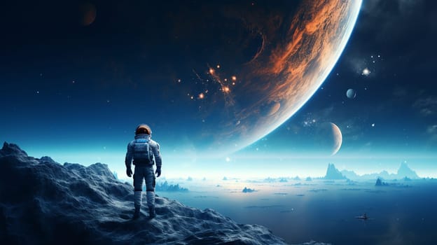  Astronaut Stands on Spaceship, Gazing Toward Distant Earth Wallpaper Generate AI