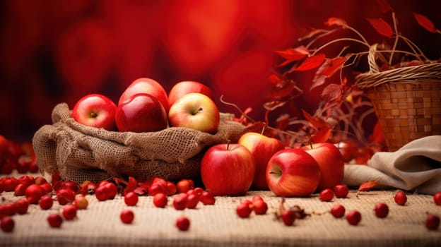 Vibrant Red Autumn Apple Harvest on a Rustic Wooden Table: Delicious, Ripe and Juicy Fruit Decoration on a Healthy Organic Diet Background