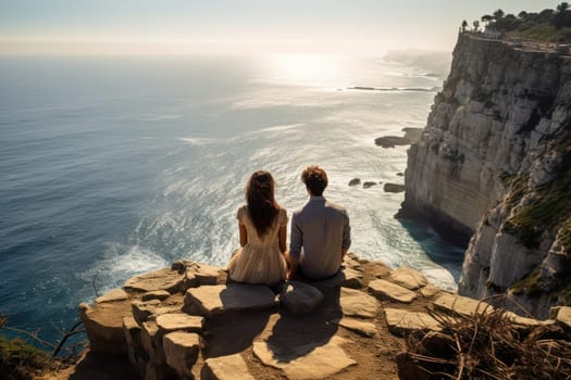 Love's Embrace: A Romantic Couple Sitting on the Cliff, Overlooking the Beautiful Beach on a Summer Evening