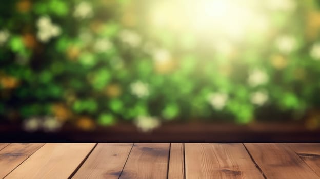 Empty wooden table and Saint Patrick's Day blurred background AI