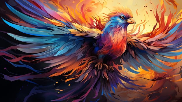 Large phoenix bird, long and fiery tail, colorful rainbow Generate AI  