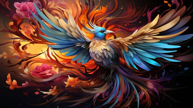 Large phoenix bird, long and fiery tail, colorful rainbow Generate AI  