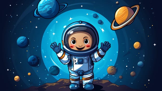 Cartoon Creative Mascot   Astronaut . Star and planets on galaxy background. Astronaut in space.  Generate AI