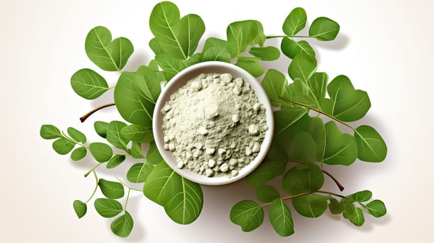  Botanical Moringa leaves and natural health medicine powder , white background Generate AI