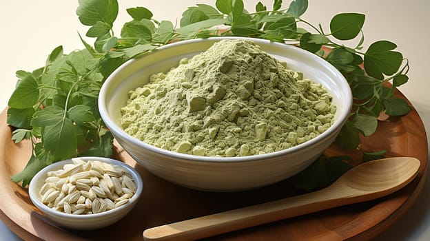  Botanical Moringa leaves and natural health medicine powder , white background Generate AI