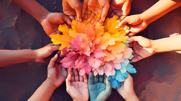  group of small children's hands Rainbow color wallpaper background Generate AI