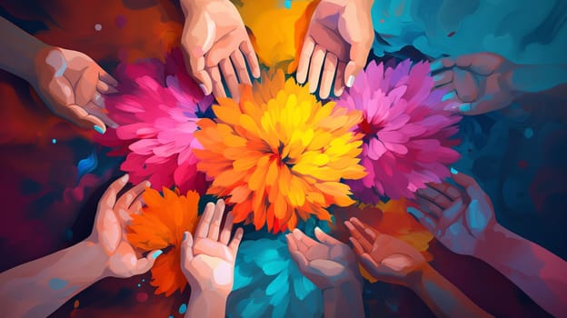  group of small children's hands Rainbow color wallpaper background Generate AI
