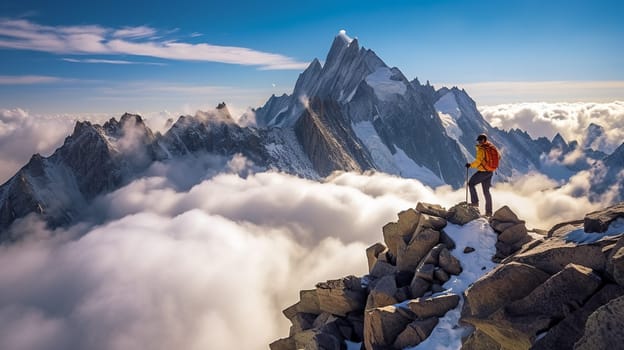 Rocky mountain peak decorated with white clouds in the morning.Generate AI