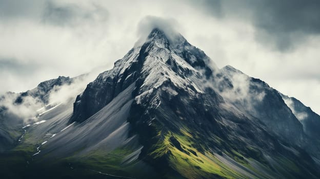 Rocky mountain peak decorated with white clouds in the morning.Generate AI