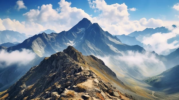 Rocky mountain peak decorated with white clouds in the morning.Generate AI