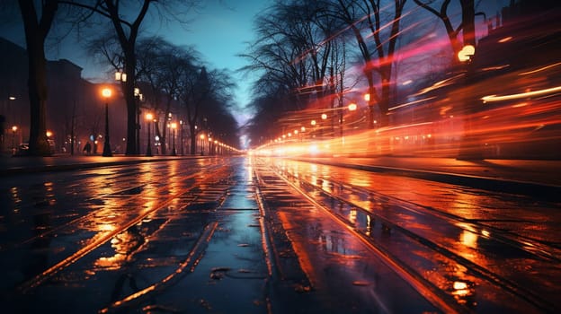  flashes of light colorful on city streets, from car headlights, like colorful flashes, Generate AI