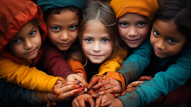 Group of small children's hands, colorful with paint, photographed from above Generate AI