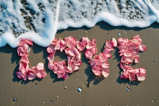 romantic beach of love rose petals on the coastline wide view pragma