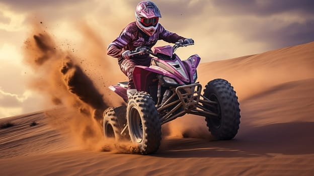 Competitive quad biker kicking up a plume of sand while racing over a sand dune Generate AI