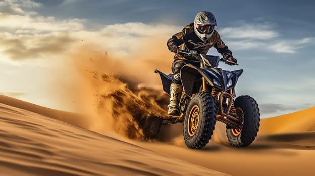 Competitive quad biker kicking up a plume of sand while racing over a sand dune Generate AI