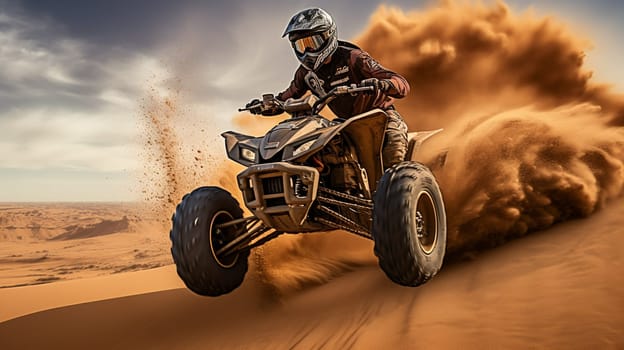 Competitive quad biker kicking up a plume of sand while racing over a sand dune Generate AI