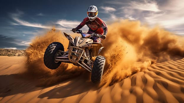 Competitive quad biker kicking up a plume of sand while racing over a sand dune Generate AI