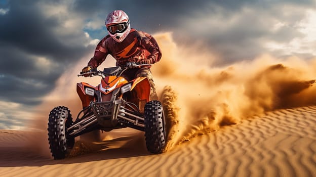 Competitive quad biker kicking up a plume of sand while racing over a sand dune Generate AI