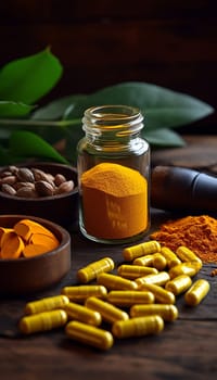  Natural Healing Herbal Medicine Turmeric, Nutritional   Turmeric, Pills, in the photo from a top angle Generate AI