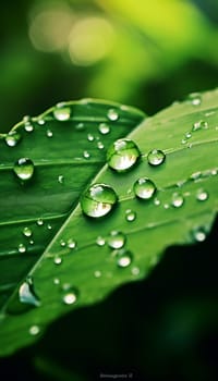  Water is Life , Water Drop on Leaf with green background Generate AI