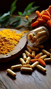  Natural Healing Herbal Medicine Turmeric, Nutritional   Turmeric, Pills, in the photo from a top angle Generate AI