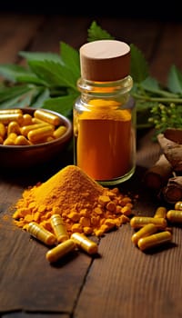  Natural Healing Herbal Medicine Turmeric, Nutritional   Turmeric, Pills, in the photo from a top angle Generate AI