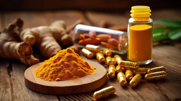  Natural Healing Herbal Medicine Turmeric, Nutritional   Turmeric, Pills, in the photo from a top angle Generate AI