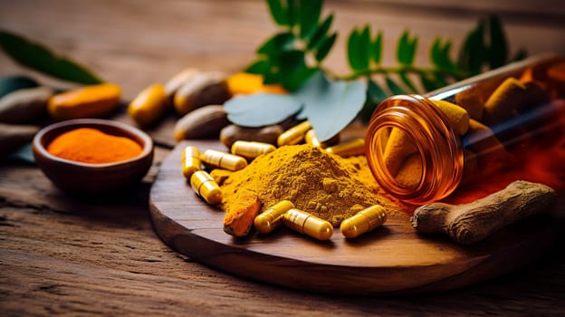  Natural Healing Herbal Medicine Turmeric, Nutritional   Turmeric, Pills, in the photo from a top angle Generate AI