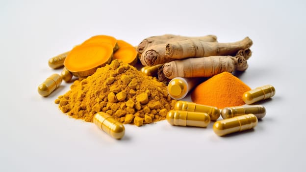  Natural Healing Herbal Medicine Turmeric, Nutritional   Turmeric, Pills, in the photo from a top angle Generate AI