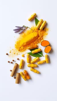  Natural Healing Herbal Medicine Turmeric, Nutritional   Turmeric, Pills, in the photo from a top angle Generate AI