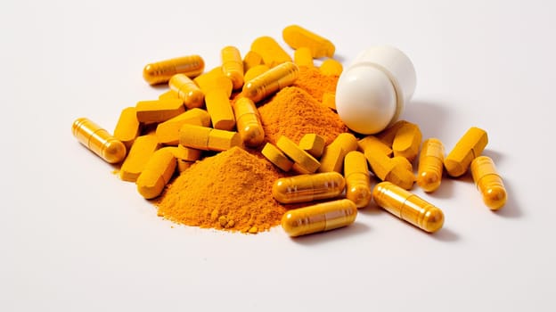  Natural Healing Herbal Medicine Turmeric, Nutritional   Turmeric, Pills, in the photo from a top angle Generate AI