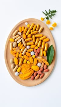  Natural Healing Herbal Medicine Turmeric, Nutritional   Turmeric, Pills, in the photo from a top angle Generate AI