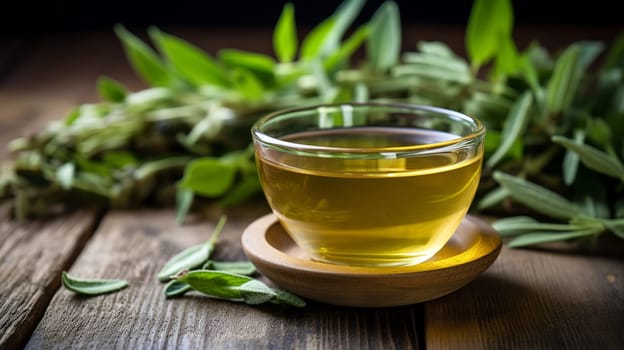 Freshly made cup of sage tea Tea, Herbal tea, Sage, Liquid, Leaves , on a wooden table Generate AI