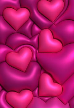 Pink inflated hearts of different sizes, 3D rendering illustration